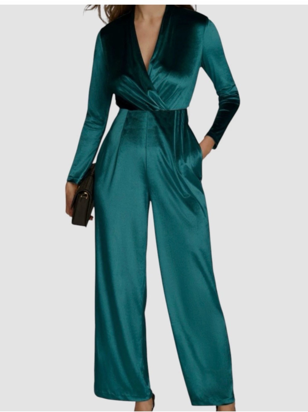 Donna Karan Teal velvet Wrap-Front Wide-Leg Jumpsuit